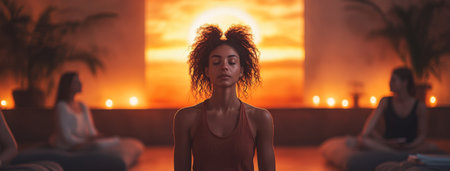 Meditation session at sunset with participants in a serene indoor environment surrounded by candles and plants. Generative AIの素材