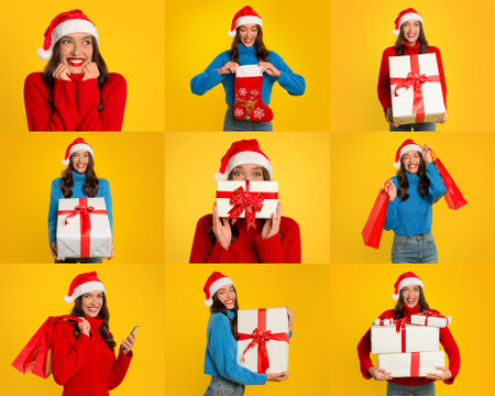 Cheerful woman in festive attire celebrating Christmas with presents in studioの写真素材