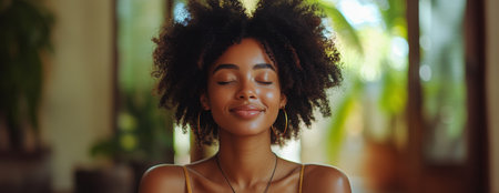 A young woman enjoys a moment of tranquility indoors surrounded by greenery on a sunny day. Generative AIの素材