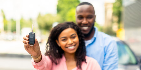 Happy black couple standing near car showing auto keys