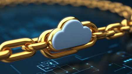 A golden chain link connected to a cloud symbol representing digital security and storageの素材