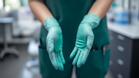 Dentist prepares for patient care with gloved hands in a modern dental clinicの素材