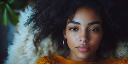 Relaxed woman with curly hair looking directly at the camera while lying on a cozy surface in a warm indoor setting. Generative AIの素材