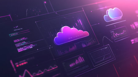 A glowing purple cloud icon on a digital screen with various graphsの素材