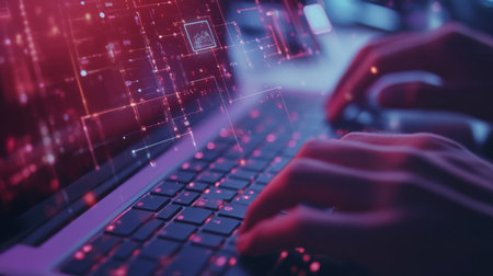 Hands type on a laptop keyboard with a glowing digital overlayの素材