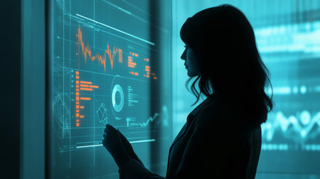 Woman analyzing data on a digital display in a modern workspace at nightの素材