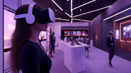 Virtual reality demonstration in modern tech showroom featuring diverse users interactingの素材