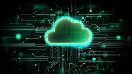 Digital cloud symbol with circuit patterns glowing in green against a dark backgroundの素材