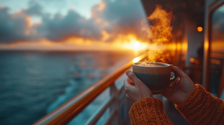 A warm cup of coffee enjoyed at sunrise on a cruise ship with the ocean waves in the background and colorful sky. Generative AIの素材