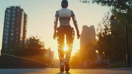A humanoid robot walks through a city park at sunset with city skyline in the backgroundの素材