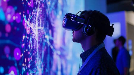 A person experiences virtual reality technology at an exhibition in a modern urban venueの素材