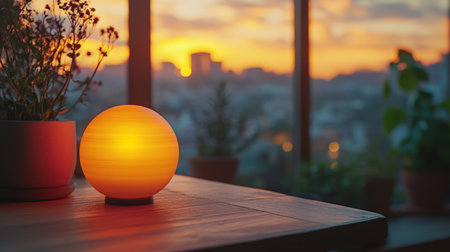 Warm glow of a round lamp illuminating a table with plants against the backdrop of a stunning sunset skyline. Generative AIの素材