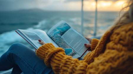 A person reading a travel guide while enjoying the ocean view during sunset from a boat in warm knitted sweater. Generative AIの素材