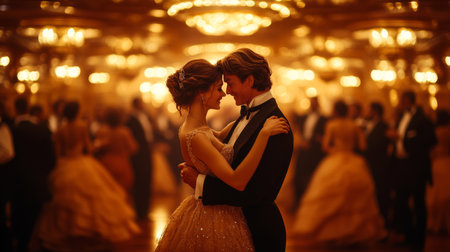 Couple waltzing gracefully in an elegant ballroom filled with golden chandeliers during a lavish evening event. Generative AIの素材