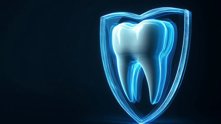 Digital representation of tooth with protective shield symbolizing dental care technologyの素材