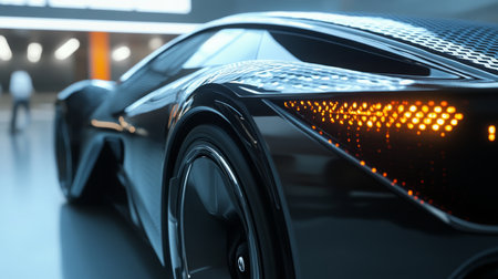 A sleek black sports car showcasing innovative design at a modern exhibition venueの素材