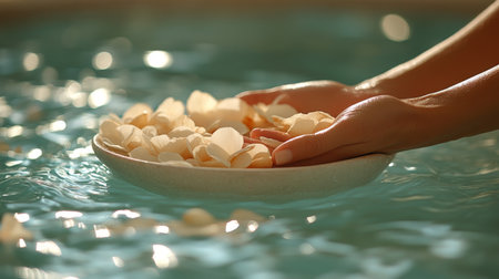A serene moment capturing hands holding a plate of delicate petals in a calming turquoise water setting. Generative AIの素材