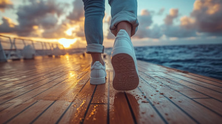 A person walks along the deck of a ship at sunset, reflecting on the calm sea and vibrant sky in a peaceful moment. Generative AIの素材