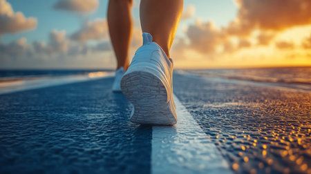 A person walking along a shoreline path during sunset, enjoying the peaceful waves and vibrant sky colors. Generative AIの素材