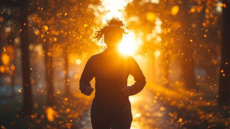 A person jogs through an autumn forest at sunset, enjoying the vibrant colors and tranquil atmosphere of the evening. Generative AIの素材