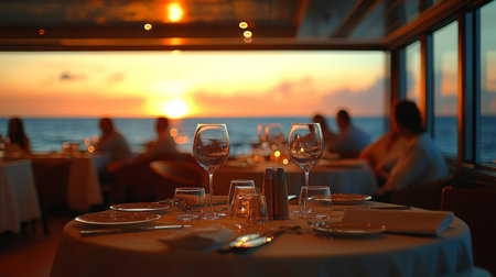 Enjoying a romantic dinner as the sun sets over the ocean from a cozy restaurant during a tranquil evening. Generative AIの素材