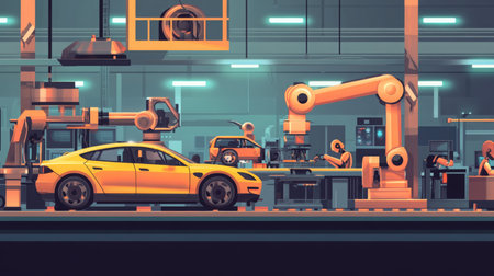 Automated assembly line in a modern car manufacturing facility with robotic arms workingの素材