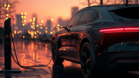 A black electric car is charging in a city at sunsetの素材