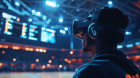 A person experiences immersive virtual reality inside sports arena during an evening eventの素材