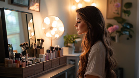 A woman in a cozy room applies makeup in front of well-organized vanity during the eveningの素材