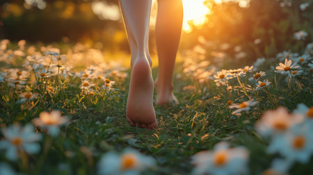 Barefoot walking through a field of daisies during sunset, enjoying nature and tranquility in a warm evening light. Generative AIの素材