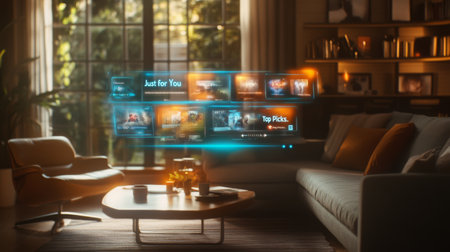 Cozy living room with modern technology displaying personalized streaming recommendationsの素材