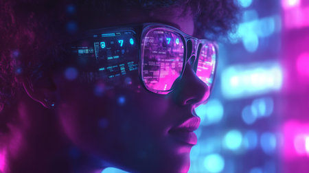 Person wearing augmented reality glasses views digital data stream at nightの素材