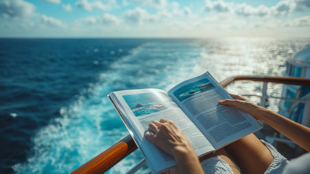 Enjoying a relaxing moment on a cruise ship while reading a travel guide with an ocean view in the background. Generative AIの素材