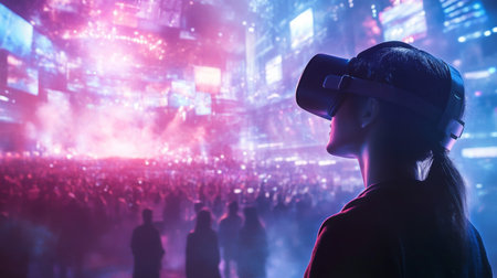A person experiences thrilling virtual reality concert in vibrant, crowded venue at nightの素材