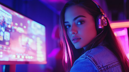A young woman immersed in gaming at a colorful esports cafe in the eveningの素材