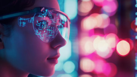 Woman uses futuristic glasses displaying digital data at nightの素材