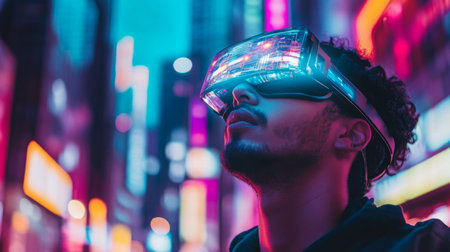 Man explores futuristic cityscape with glowing virtual reality goggles at nightの素材