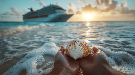 A person holds a seashell at sunset with a cruise ship in the background off the coast of a tropical beach. Generative AIの素材