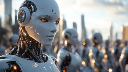 Humanoid robots stand in a futuristic city at sunsetの素材