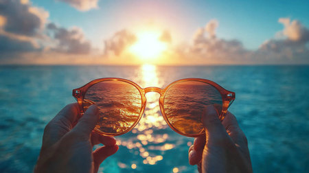 Holding stylish sunglasses as a vibrant sunset reflects over calm ocean waters in a breathtaking evening display. Generative AIの素材