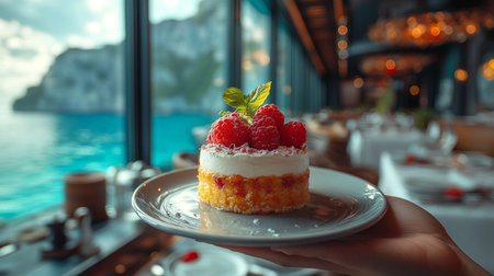 Delicious raspberry cake served by the ocean with beautiful views in a serene coastal restaurant during a sunny afternoon. Generative AIの素材