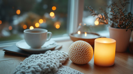 Cozy winter afternoon with a warm drink, soft decorations, and a glowing candle by the window. Generative AIの素材
