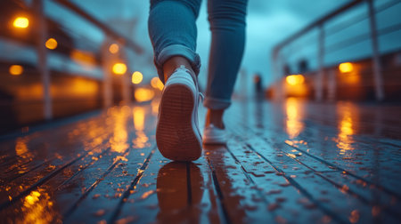 A person walks on a rainy wooden deck at dusk while streetlights cast a warm glow on the wet surface. Generative AIの素材