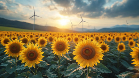 Vibrant sunflower field with wind turbines at sunset near rolling hills and dramatic clouds in a serene rural landscape. Generative AIの素材