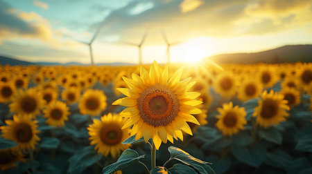 A vibrant sunflower field at sunset with wind turbines in the background illuminating the beautiful sky in the countryside. Generative AIの素材