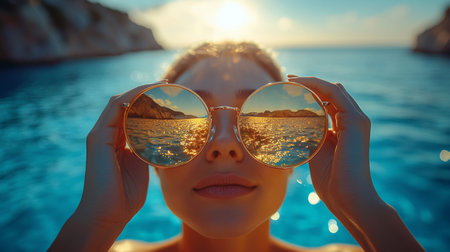 A woman in stylish sunglasses reflecting a tranquil sea and sunset, enjoying a serene moment by the water. Generative AIの素材