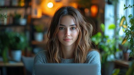 Young woman working on a laptop in a cozy cafe surrounded by plants during a peaceful afternoon. Generative AIの素材