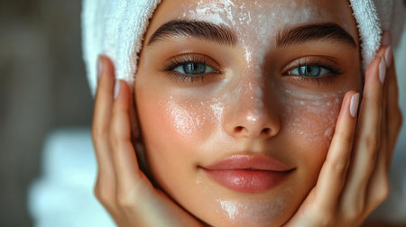 Woman enjoying a facial treatment while relaxing with a towel wrapped around her head in a serene setting. Generative AIの素材