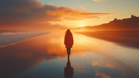 A person walks along the beach at sunset, reflecting on the peaceful ocean waves and the vibrant sky in the background. Generative AIの素材