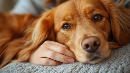 A golden retriever resting peacefully on a cozy blanket while being gently petted by a person at home during the afternoon. Generative AIの素材